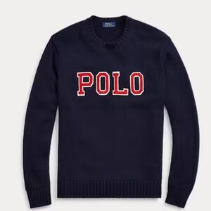 Polo Ralph Lauren Men’s Large Cotton Crewneck Navy Sweater & Red Varsity Patches